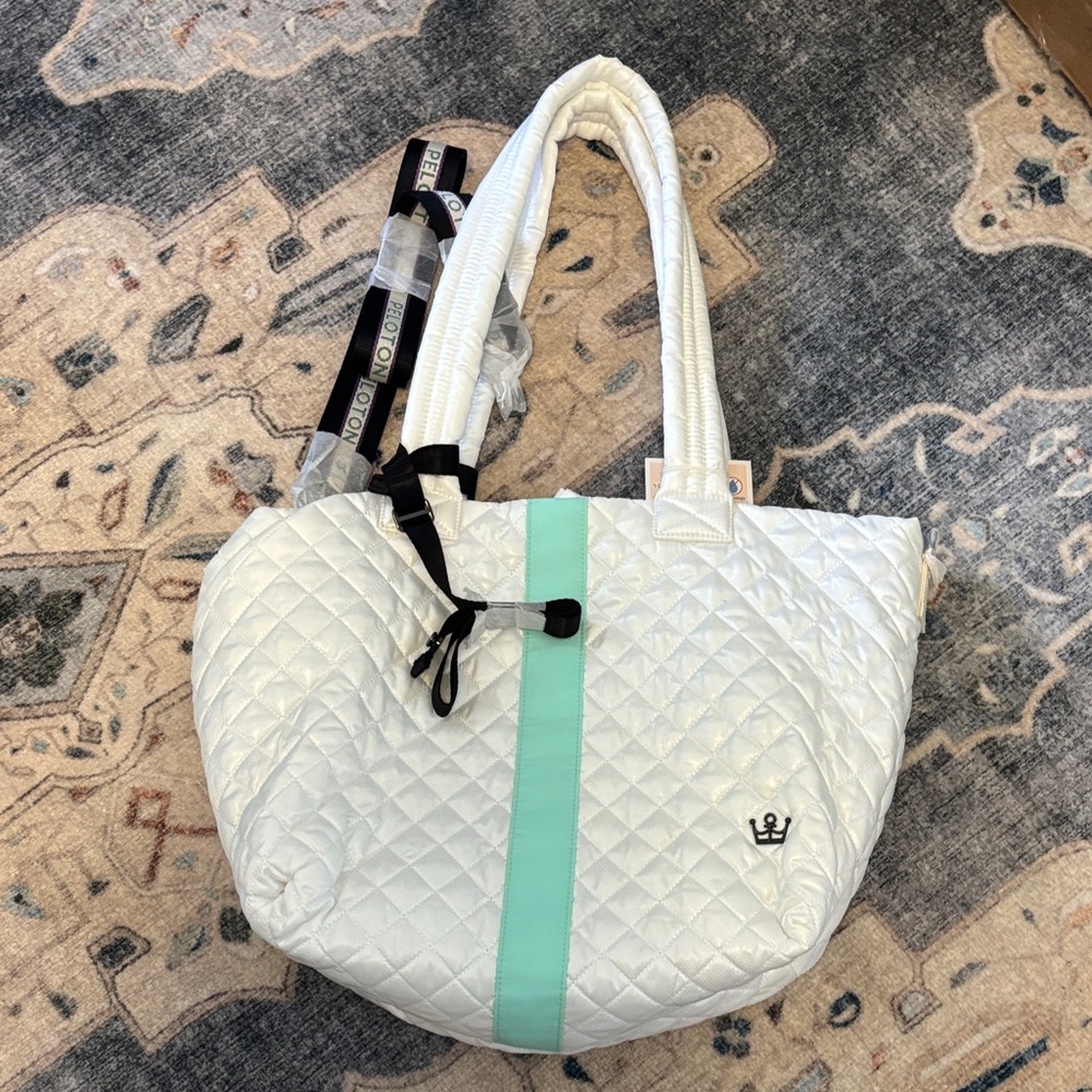 NWT. Oliver Thomas x Peloton. White and Mint Quilted Tote Bag, large and roomy!
